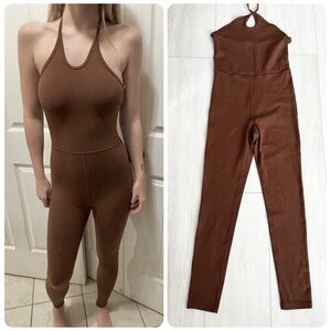 Aritzia Wilfred Free Ivy Halter Jumpsuit Cognac Brown Stretchy Size XS Like New